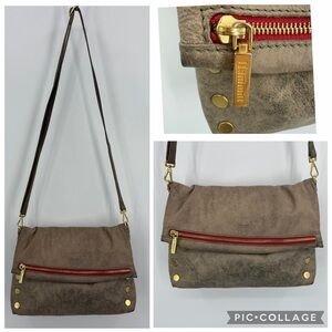 Hammitt VIP Large Pewter Brushed Gold Red Zip Leather Crossbody Bag